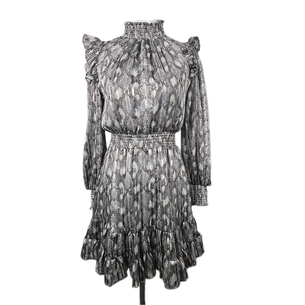 Willa Story OLIVIA Dress XS Silver‎ Mini Smocked Ruffle NWT $212